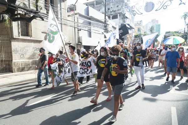 Salvador Bahia Brasil Novembro 2021 Brasileiros Protestam Agitando Bandeiras Contra — Fotografia de Stock