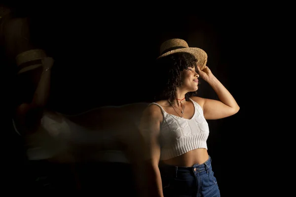 Time Lapse View Woman Moving Hat Long Exposure Motion Blur Royalty Free Stock Photos