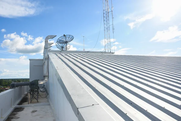 metal sheet roofing on commercial construction with blue sky