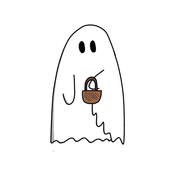 Halloween Ghost holding a paper bag and saying Trick or Treat