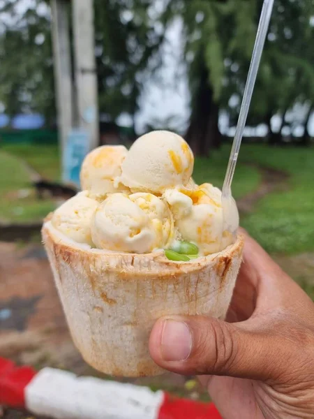 Die Hand Einer Frau Hält Ein Junges Kokoseis Das Thailand Stockfoto