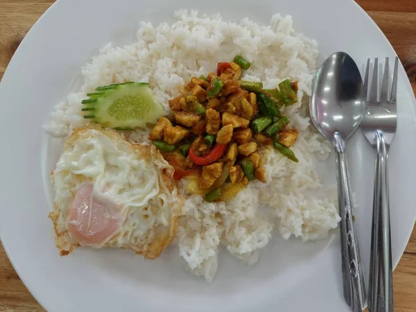 Roer Gebakken Kip Met Geroosterde Curry Pasta Zoete Basilicum Blad — Stockfoto