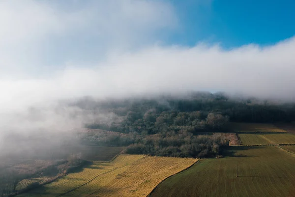 Sisli manzaranın manzarası. Sonbahar boyunca sisli bir günde tarlalar.