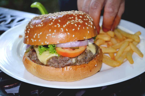 Hamburger ve patates, hamburger ve patates kızartması. Lezzetli ızgara burger.