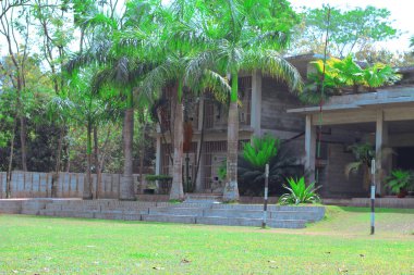 Alternatif oyuk blokla inşa edilmiş okul binası. Çevre dostu modern doğal hava sistemi. Yeşil ağaç ormanı olan bir mimarlık okulu binası..