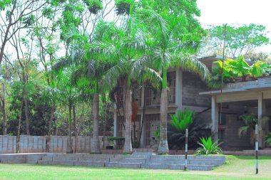 Alternatif oyuk blokla inşa edilmiş okul binası. Çevre dostu modern doğal hava sistemi. Yeşil ağaç ormanı olan bir mimarlık okulu binası..