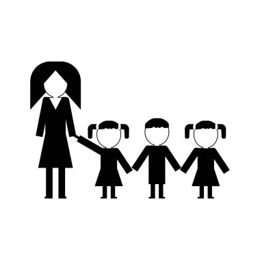 Anaokulu ve eğitimci imzası. Çocukları ellerinden tutan kadın.