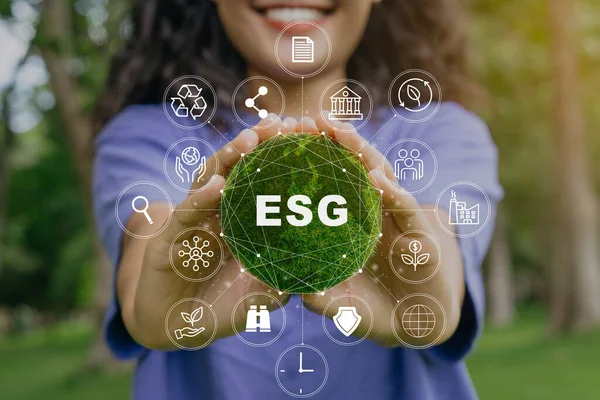 Esg Icon Konzept Weiblicher Hand Für Umwelt Soziales Und Governance — Stockfoto