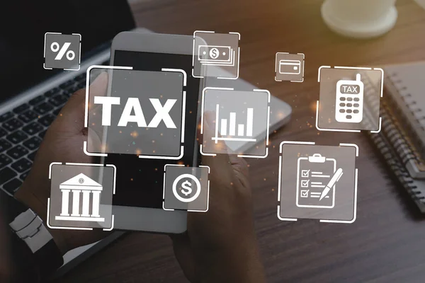 Tax Concept Business Man Using Smartphone Complete Individual Income Tax — Stock Fotó