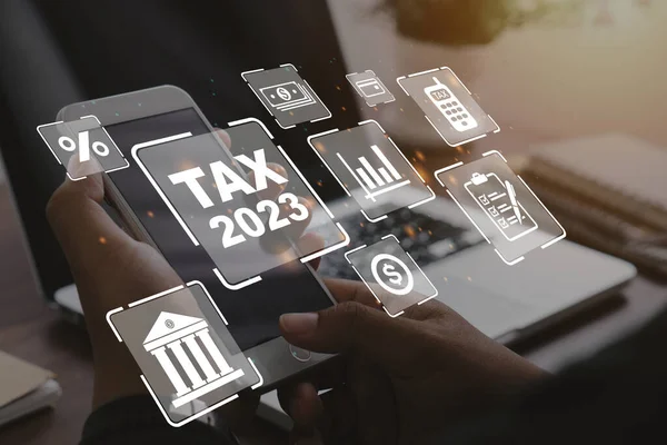 Tax 2023 Concept Business Man Using Smartphone Complete Individual Income — Stock Fotó