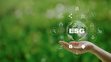 Çevresel, sosyal ve yönetimdeki ESG simgesi kavramı, kirliliği ve karbon emisyonunu azaltmak için yenilenebilir kaynak teknolojisini kullanarak kullanıldı. Ağ bağlantısında sürdürülebilir ve etik iş dünyasında.