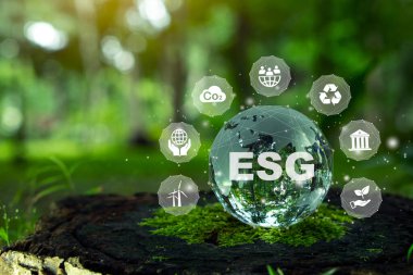 ESG Banner. Ağ bağlantısında sürdürülebilir ve etik sektörde çevre, sosyal ve yönetim için tkristal küreye ilişkin ESG simgesi kavramı.