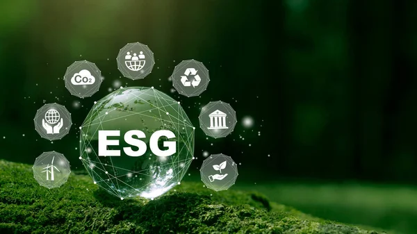 Ağ bağlantısında sürdürülebilir ve etik sektörde çevre, sosyal ve yönetim için tkristal küreye ilişkin ESG simgesi kavramı yeşil arka planda.
