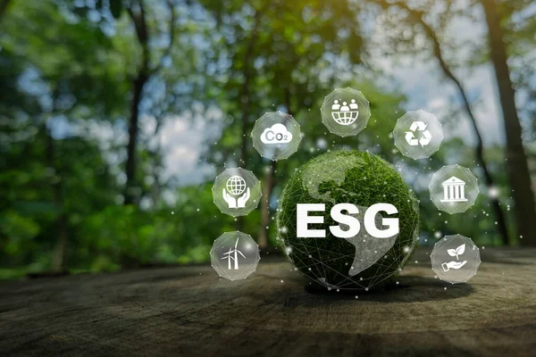 ESG Banner.Çevre, sosyal ve yönetim için Ağ bağlantısında sürdürülebilir ve etik iş dünyasında yeşil bir arkaplanda ESG simgesi konsepti.