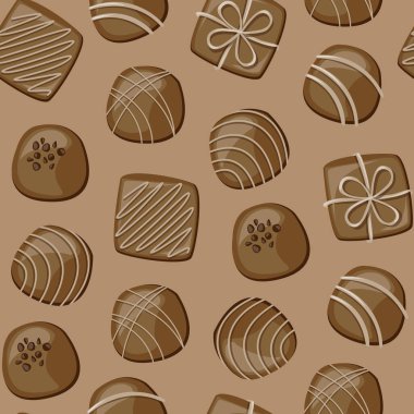 Kahverengi arka planda izole edilmiş çikolatalı şekerli, kusursuz vektör çizgi film deseni.