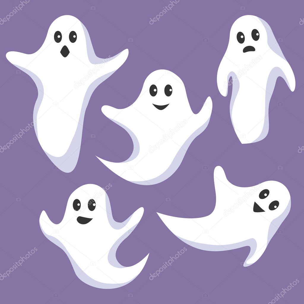 Vector set of cartoon ghosts with different emotions isolated on blue background.