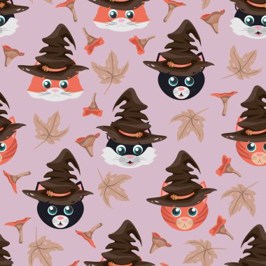 Kahverengi cadı şapkası, akçaağaç mantarı ve pembe arka planda akçaağaç yaprakları olan farklı cinsten çizgi film kedileriyle vektörsüz desen..