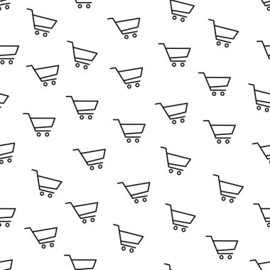 Beyaz arkaplanda izole edilmiş alışveriş arabalarının taslak simgelerine sahip kusursuz vektör deseni.