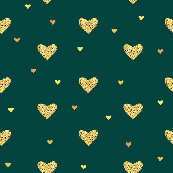 Векторный бесшовный рисунок с золотыми сердцами на зеленом фоне. Блестящие блестки.
