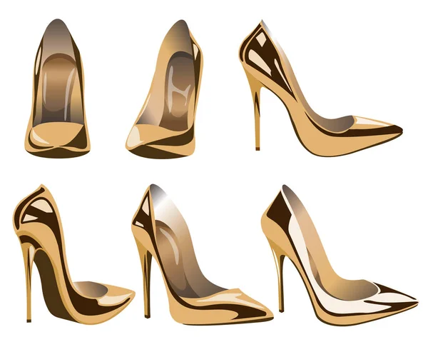 Conjunto Vectorial Bombas Metálicas Zapatos Tacón Alto Oro Aislados Sobre — Vector de stock