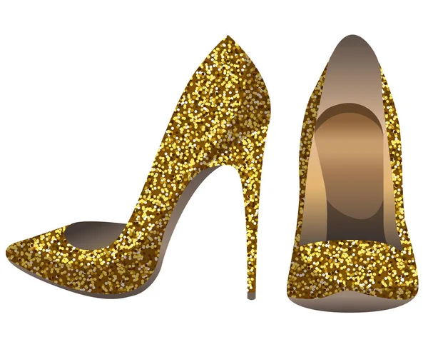 Bombas Ouro Mulheres Vetoras Com Brilhos Isolados Fundo Branco Sapatos —  Vetores de Stock