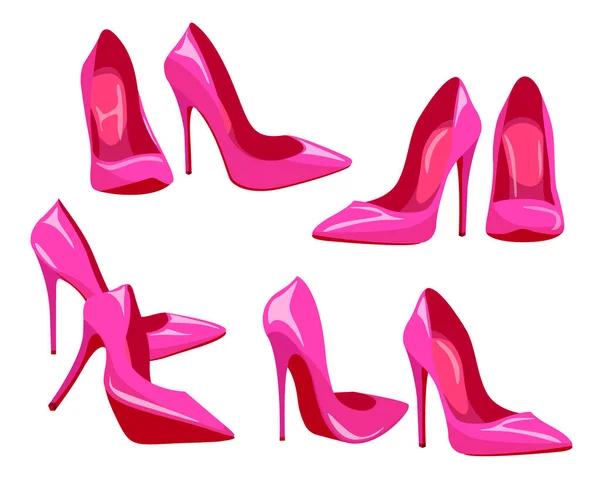ベクトル女性のピンクのポンプは白い背景に隔離されている 漫画のハイヒールの靴のセット — ストックベクタ