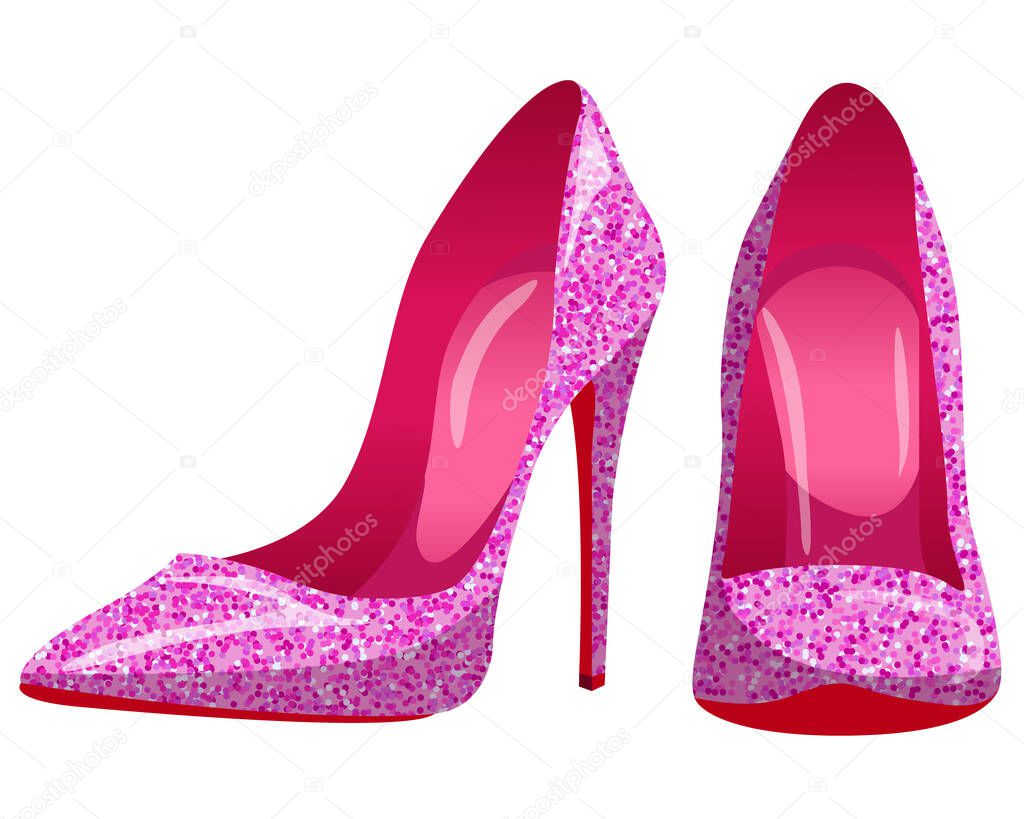 Vector women's pink pumps with sparkles isolated on white background. Shiny high heel shoes.