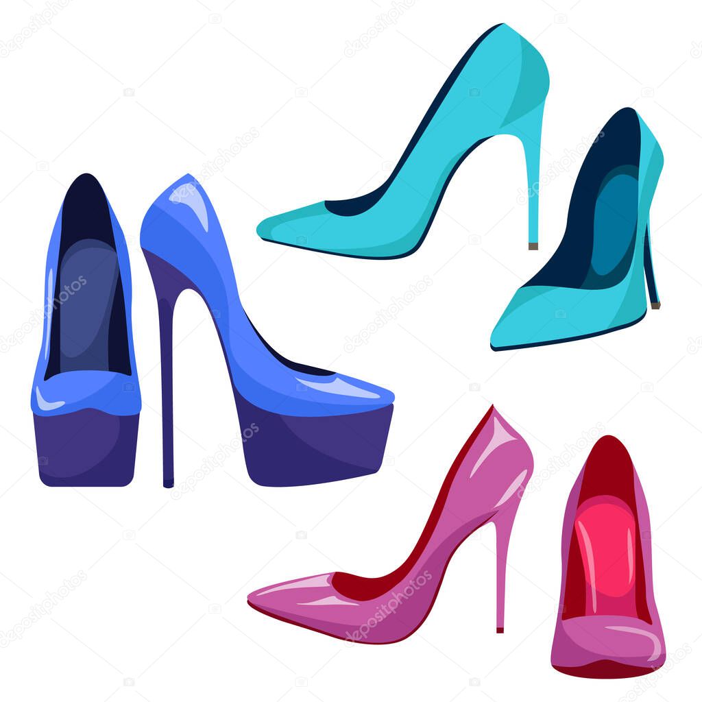 Vector set of cartoon blue, green and pink pumps. Patent leather high heel shoes isolated on white background.