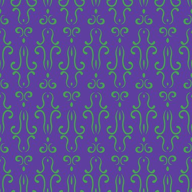 Vektör kusursuz desen. Mor arkaplanda izole edilmiş yeşil soyut çizgi film elemanları.