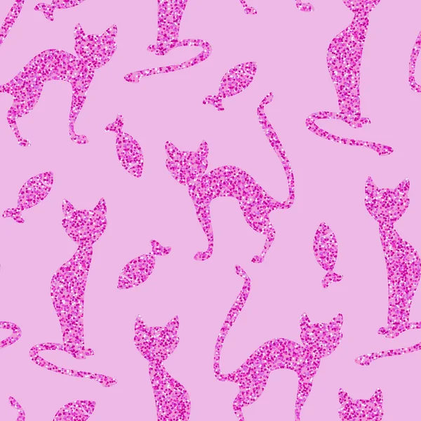 Třpytivé Kočky Ryby Izolované Růžovém Pozadí Bezešvý Vektorový Vzorec — Stockový vektor