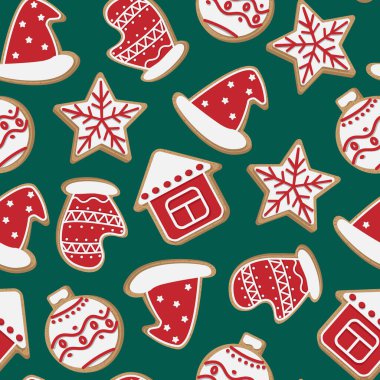 Vektör kusursuz desen. Kırmızı, beyaz Noel kurabiyeleri yeşil arka planda izole edilmiş.