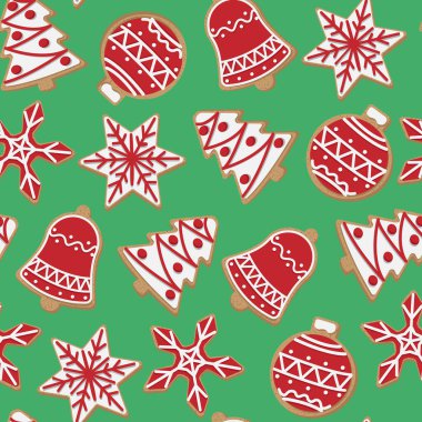 Yeşil arka planda izole edilmiş kırmızı, beyaz çizgi film Noel kurabiyeleri. Vektörsüz desen.