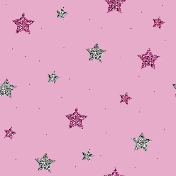 ピンクの背景に孤立した銀の輝きの星 ベクトルシームレスパターン — ストックベクタ