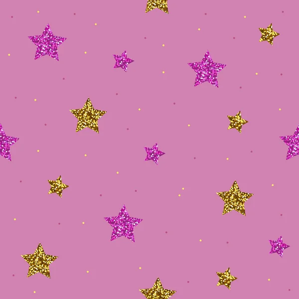 Gold Glitter Stars Isolated Pink Background Vector Seamless Pattern — Stock Vector