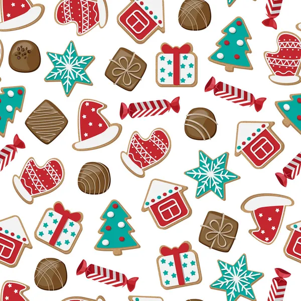 Карикатура Рождественское Печенье Шоколадные Конфеты Изолированы Белом Фоне Бесшовный Шаблон — стоковый вектор