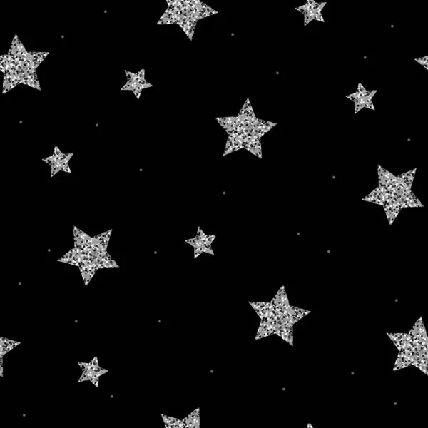 Блестящие Серебряные Звезды Выделены Черном Фоне Векторный Бесшовный Шаблон — стоковый вектор