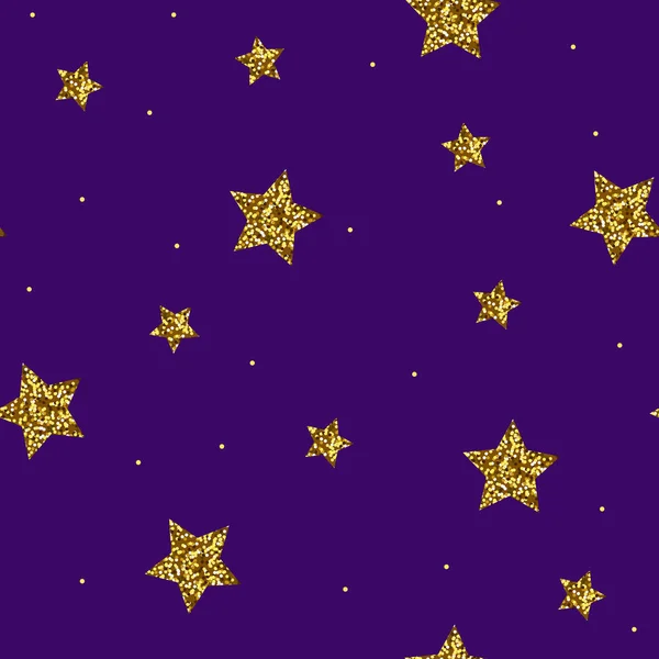 Векторный Бесшовный Шаблон Золотые Блестящие Звезды Выделенные Фиолетовом Фоне — стоковый вектор