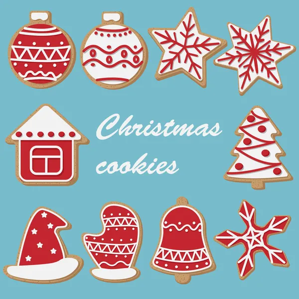 Vektorová Sada Karikatury Vánoční Cookies Izolované Modrém Pozadí — Stockový vektor