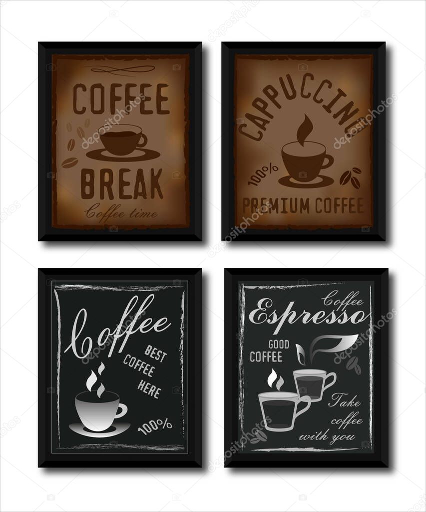 Coffee bar retro posters. Brown and black framed posters with a cup of coffee and lettering. Vector vintage illustrations.