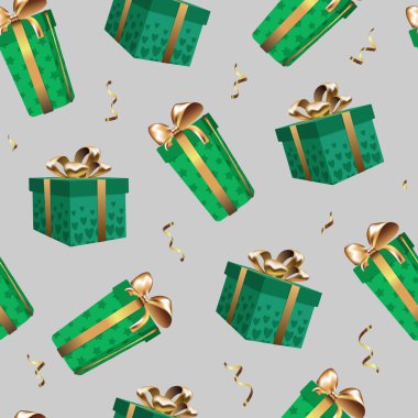 Altın kurdeleli yeşil hediyeler ve gri arka planda izole edilmiş fiyonklar. Yeni yıl vektörü pürüzsüz desen.