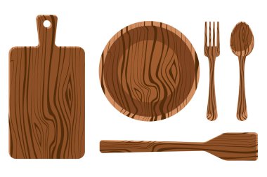 Tahta çatal bıçak seti. Üst görünüm dilimleme tahtası, tabak, kaşık, çatal, spatula beyaz arkaplanda izole edilmiş..