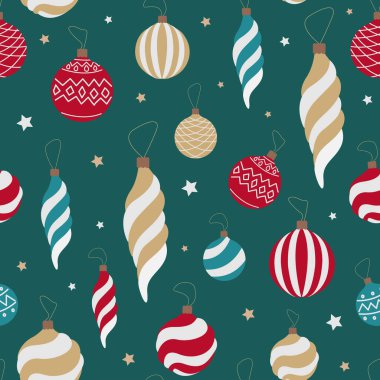 Düz altın, kırmızı ve yeşil Noel oyuncakları koyu zümrüt arka planda izole edilmiş. Vektör kusursuz şenlik deseni.