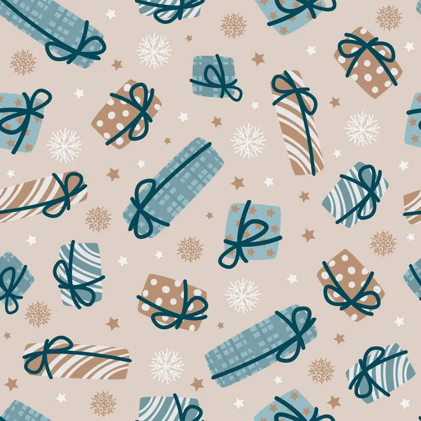 Modèle Noël Festif Sans Couture Vectoriel Boîtes Cadeaux Plates Bleues — Image vectorielle