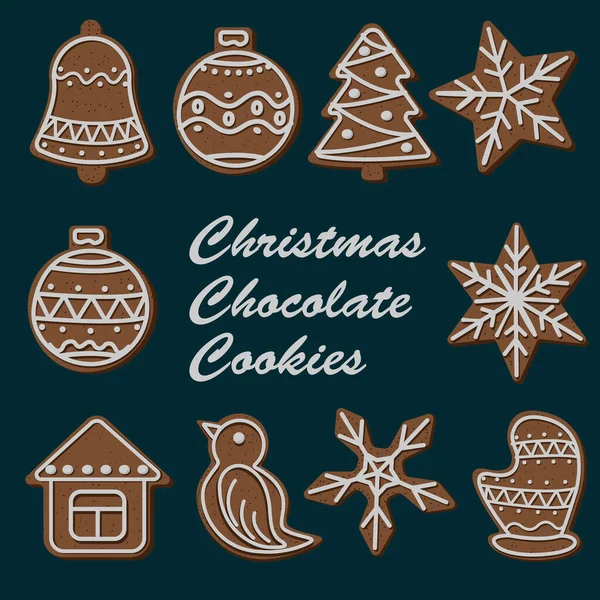 Vektorová Sada Karikatury Vánoční Čokoládové Sušenky Izolované Tmavém Smaragdovém Pozadí — Stockový vektor