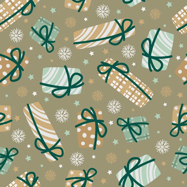 Векторный Бесшовный Праздничный Рождественский Узор Плоский Зеленый Золото Белые Подарки — стоковый вектор
