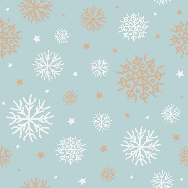 ベクトルシームレス冬パターン 薄い青の背景に隔離された平らな白と青銅の雪片と星 — ストックベクタ