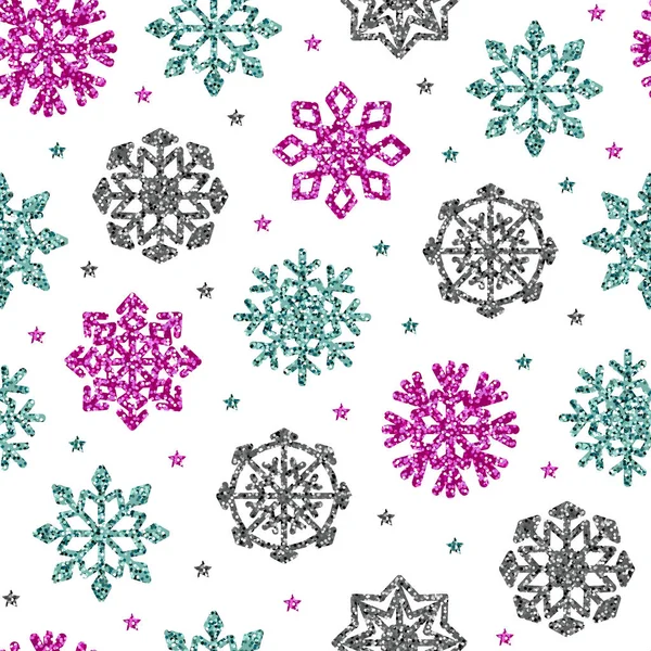 Vektor Sömlös Jul Mönster Glitter Silver Rosa Turkos Snöflingor Isolerade — Stock vektor