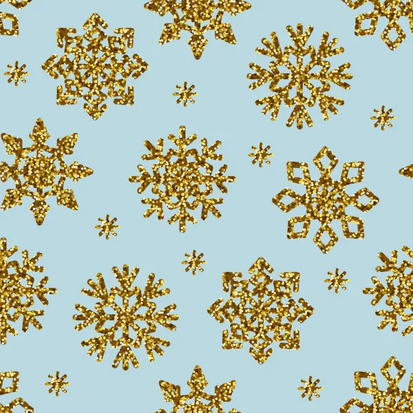 ベクトルシームレス冬パターン 薄緑色の背景に孤立した金色の雪片 — ストックベクタ