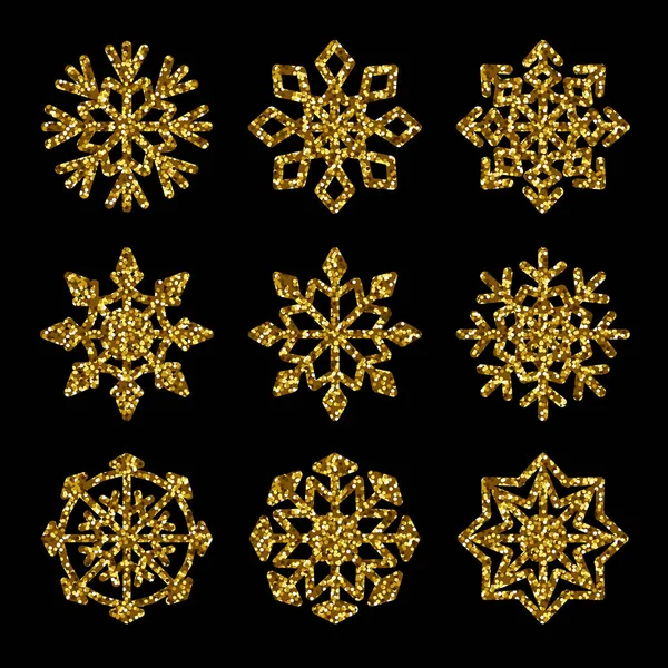 Векторный Праздничный Набор Золотых Блесток Снежинки Изолированы Черном Фоне — стоковый вектор