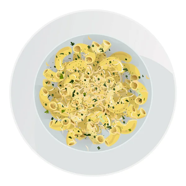 エルボーパスタは白い背景に隔離されたプレートにチーズとパセリを振りかけた ベクターイラスト — ストックベクタ